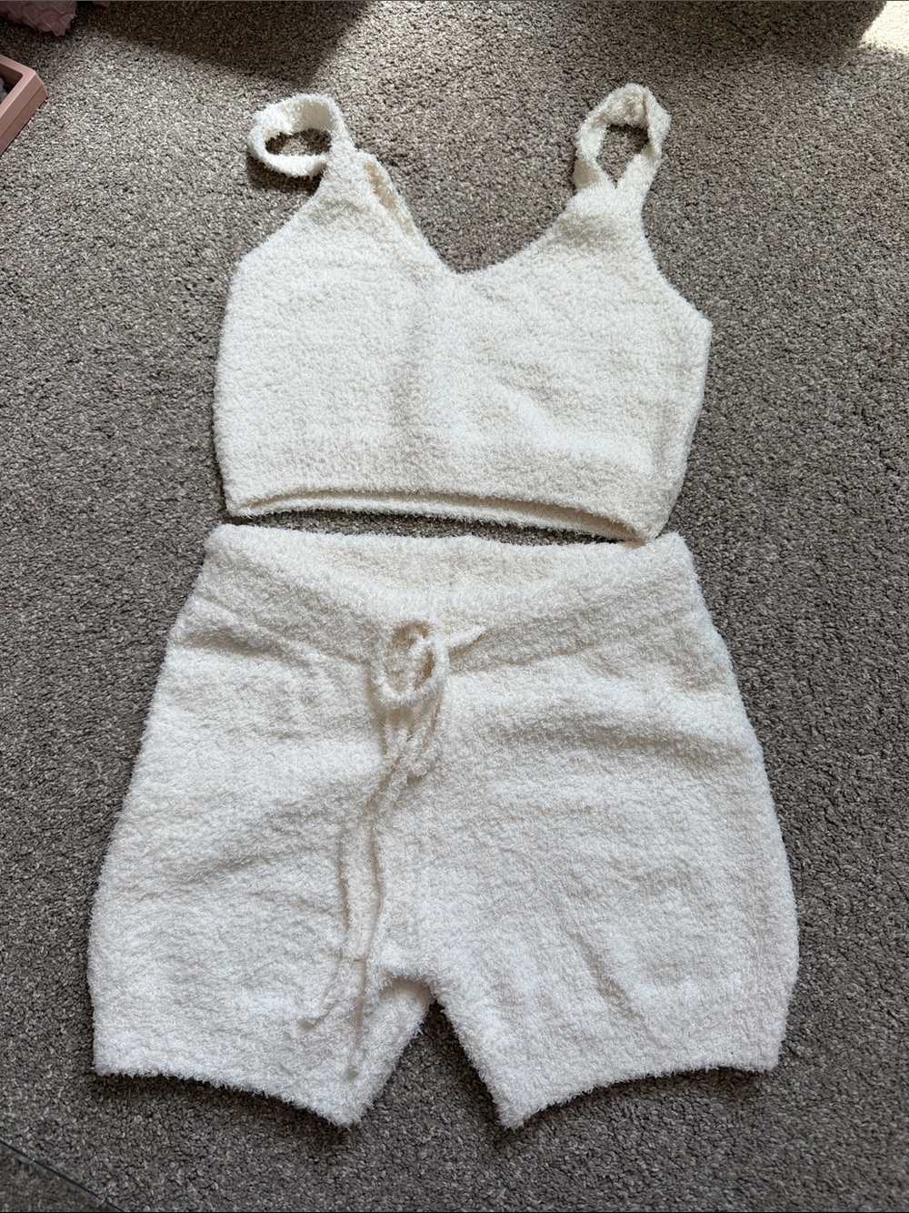 White Knit 3 Piece Lounge Set - Cami Tank + High Waist Shorts + Cardigan - Picture 4 of 7